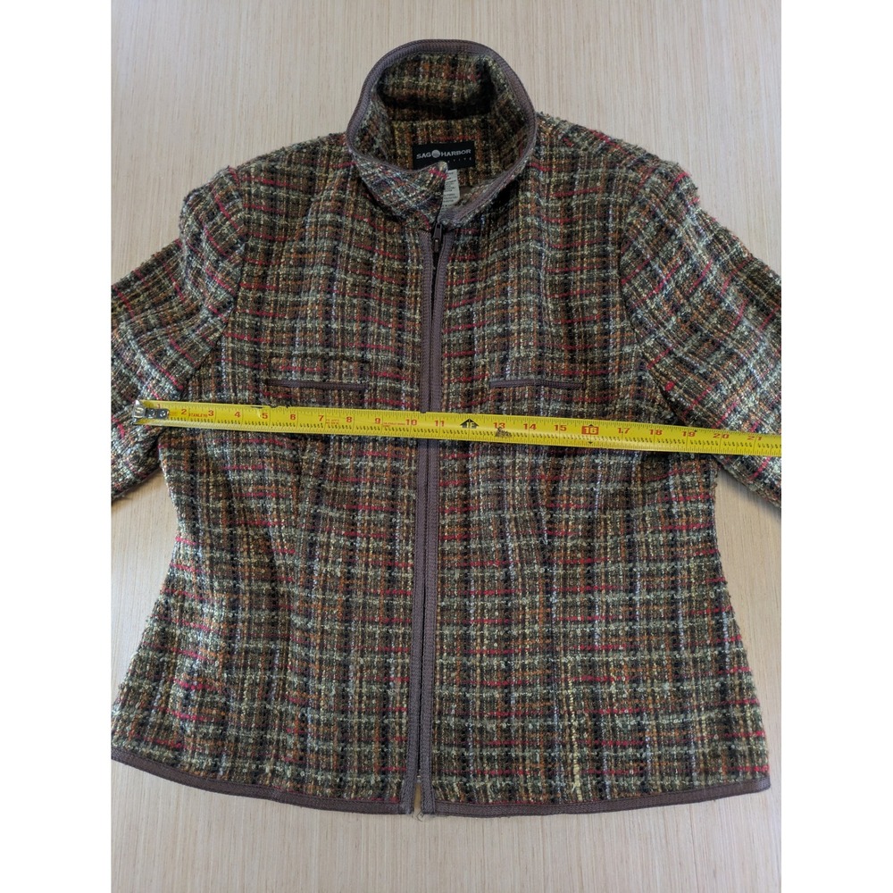 Sag Harbor Petite Womens 14P Full Zip Tweed Jacket Plaid‎ Brown Green F42190 - Picture 3 of 6